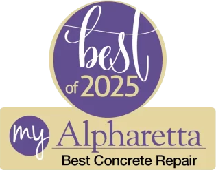 A circular badge reading "best of 2025" above a banner that says "my Alpharetta Best Concrete Repair" in purple and beige colors.